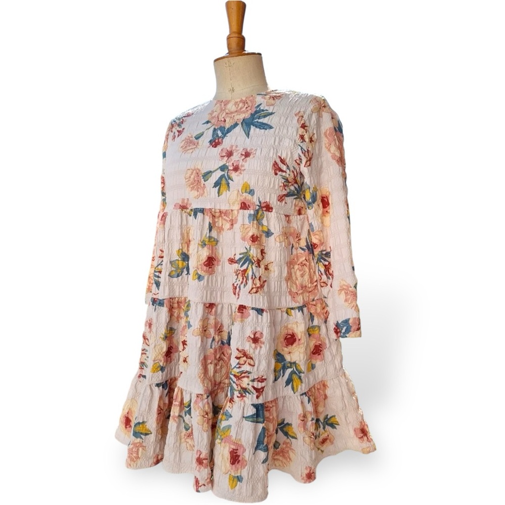 ❤️ 3/50 Zara Cream Pastel Floral Smock Layered Long Sleeves Summer Dress US XS